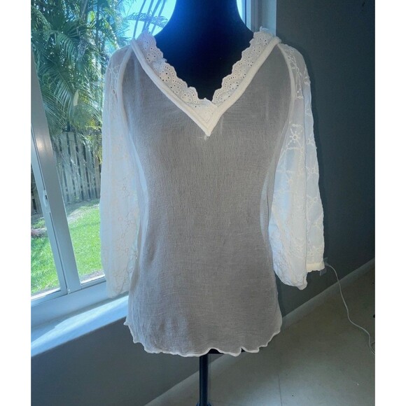 Pinko Sz 4 SMALL Puff Sleeve Lace  Sheer Delicate White Blouse Balletcore Soft - Picture 5 of 9
